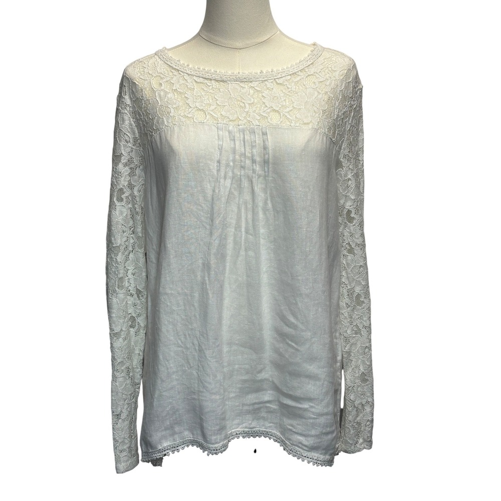 Lungo L'Arno 100% Linen Lace Top Blouse Sz M White Lagenlook Boho Coastal ITALY